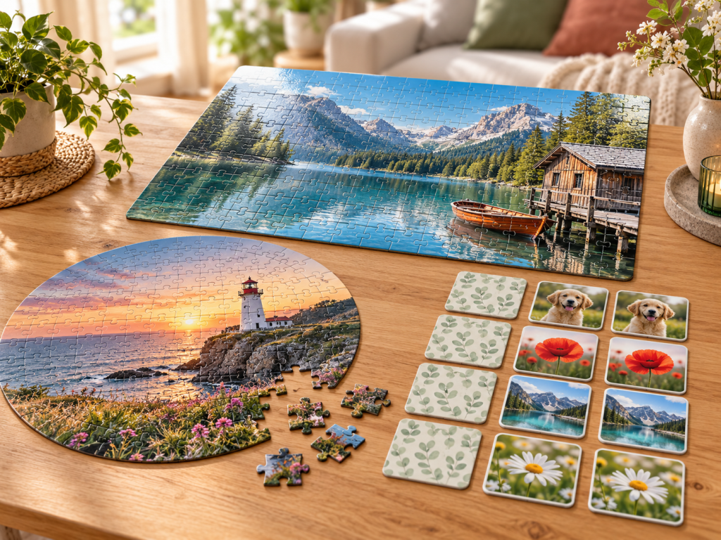 Rundes Fotopuzzle, eckiges Hochglanzpuzzle und individuelles Memospiel
