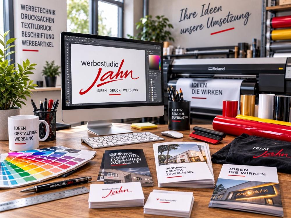 Arbeitsplatz mit Bildschirm, Drucksachen und Farbfächern