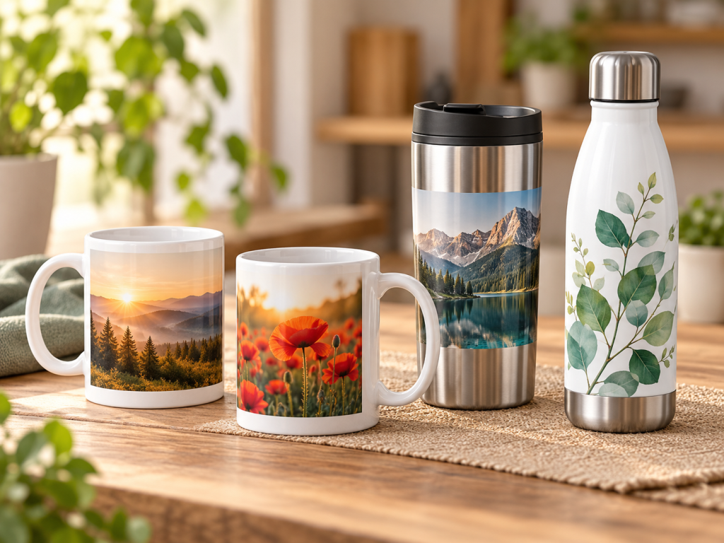 Individuell bedruckte Fototassen, Thermobecher und Trinkflasche