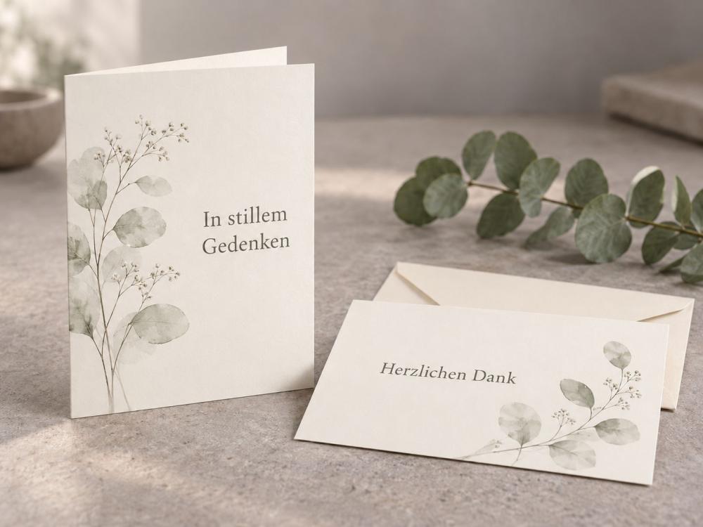 Stehende und liegende Trauerkarten neben grünen Zweigen