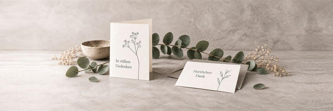Helle Trauer- und Danksagungskarten mit dezenten Pflanzenmotiven